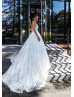 V Neck Beaded White Floral Lace Wedding Dress